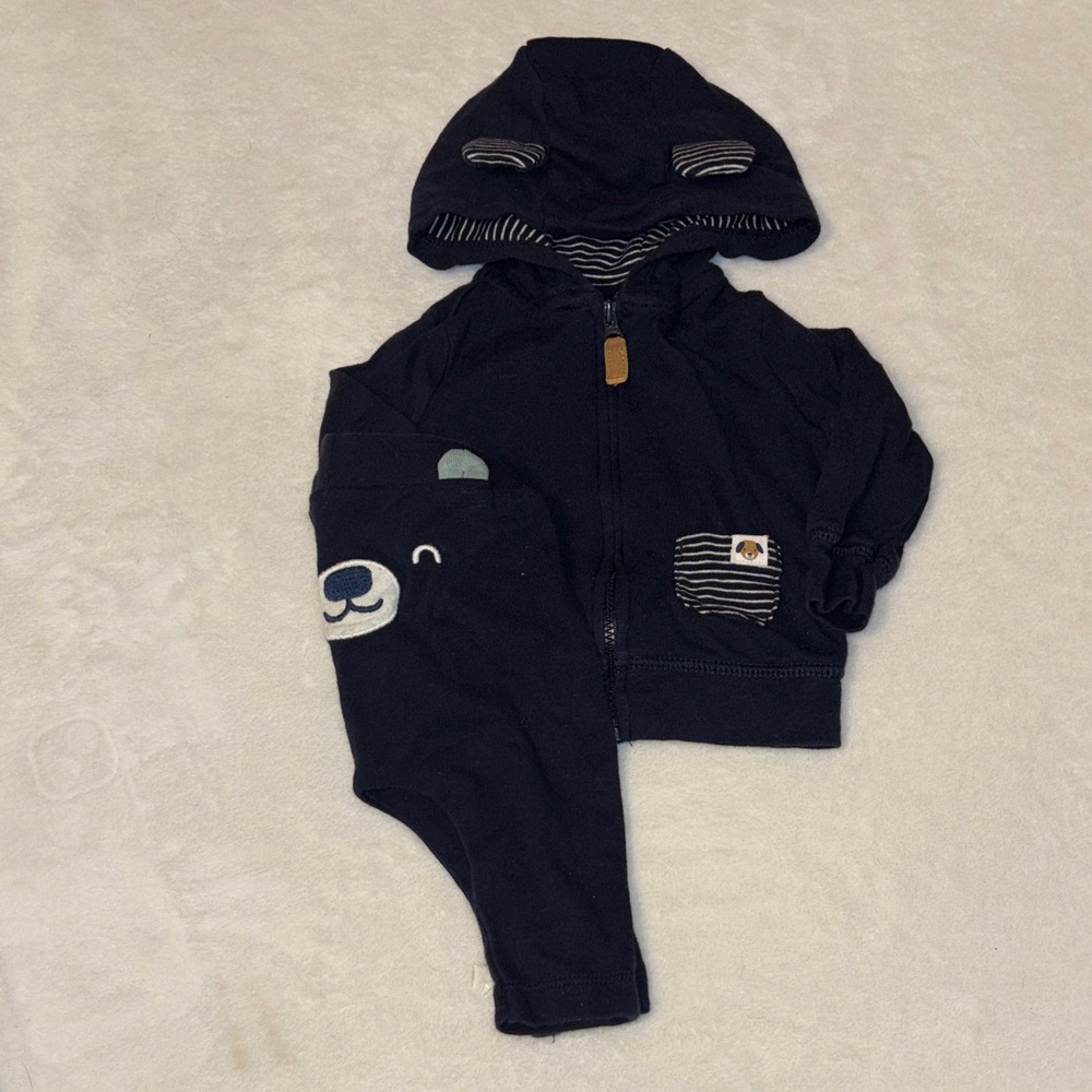Carters Baby Hoodie & Pants Set with Bear Face - Navy